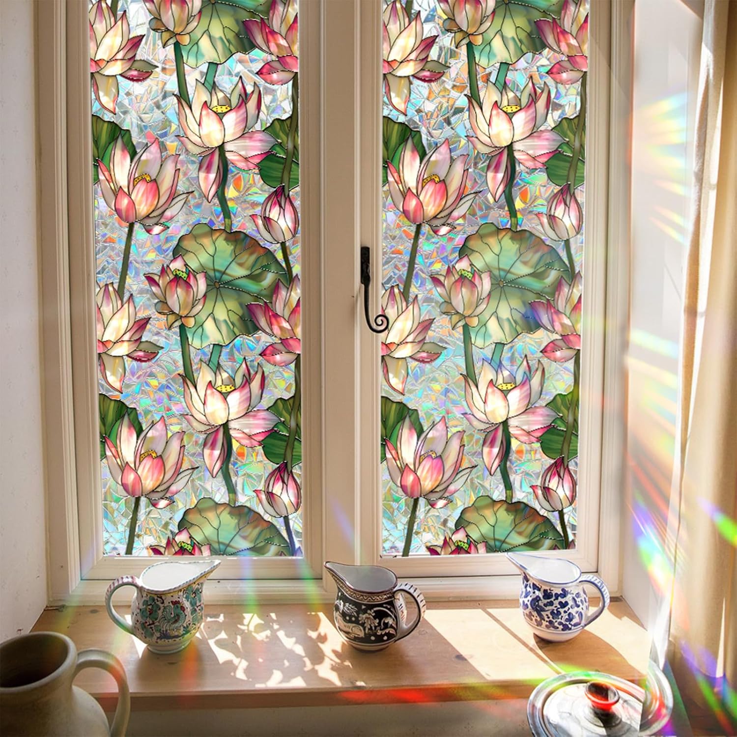 Home Bathroom Window Tint - Lotusblumen-Fensterfolie aus Buntglas, Regenbogen-Fensterfolie, statische Aufkleber