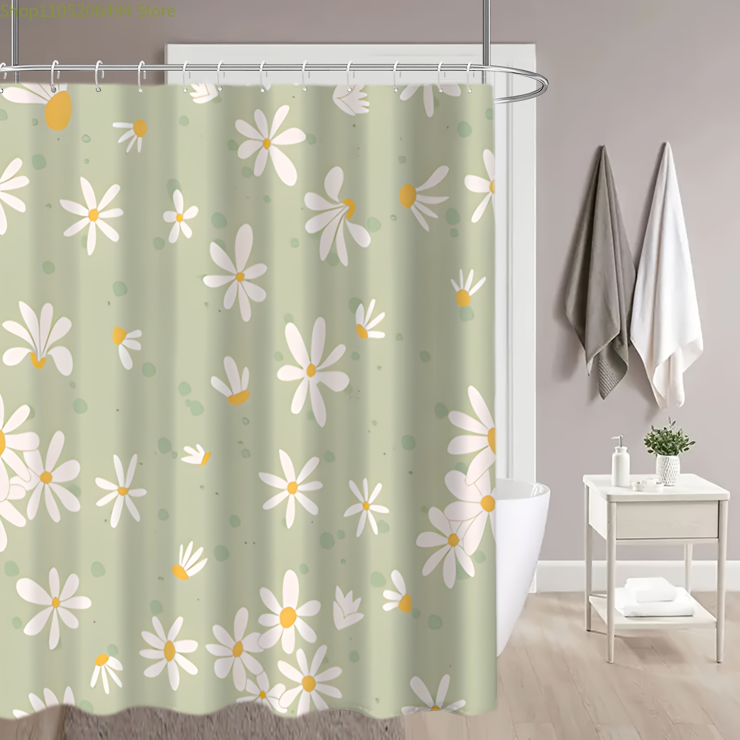 Home Bathroom Design Ideas - Niedlicher Gänseblümchen-Duschvorhang, Pastellgrünes Musterdesign, Wasserdichter Badvorhang
