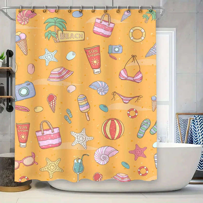 Home Bathroom Design Ideas - Strand-Sommer-Themen-Duschvorhang, Niedliches Urlaubs-Muster-Design, Wasserdichter Badvorhang für