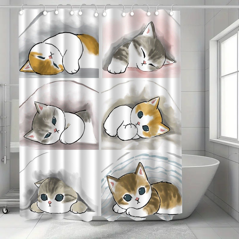 Home Bathroom Design Ideas - Niedlicher Duschvorhang mit schlafenden Katzen, Aquarell-Kunstdesign,
