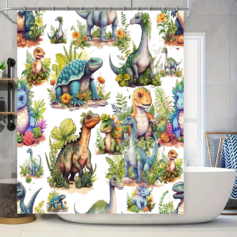 Home Bathroom Design Ideas - Bunter Dinosaurier-Duschvorhang: Prähistorisches Weltdesign für Badezimmerdekoration,