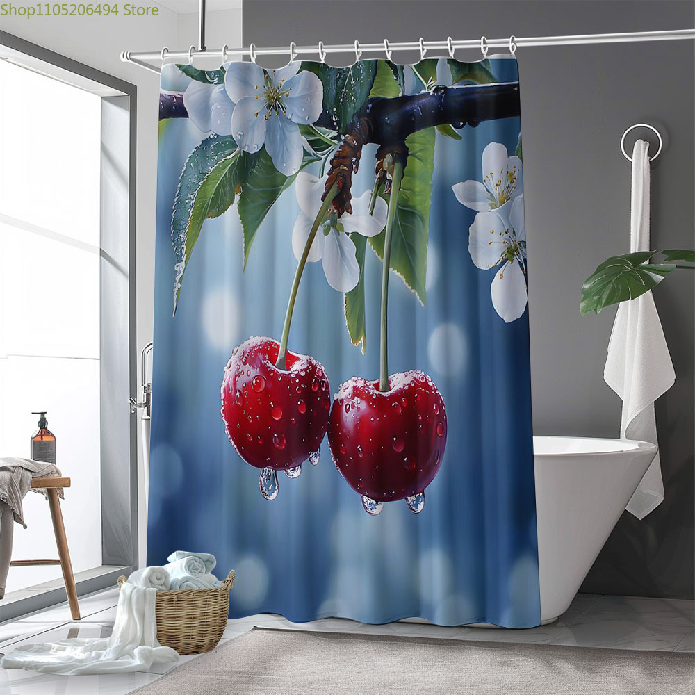 Home Bathroom Design Ideas - Frischer Kirschblüten-Duschvorhang, Naturfrucht-Design, Wasserdichter Badvorhang für