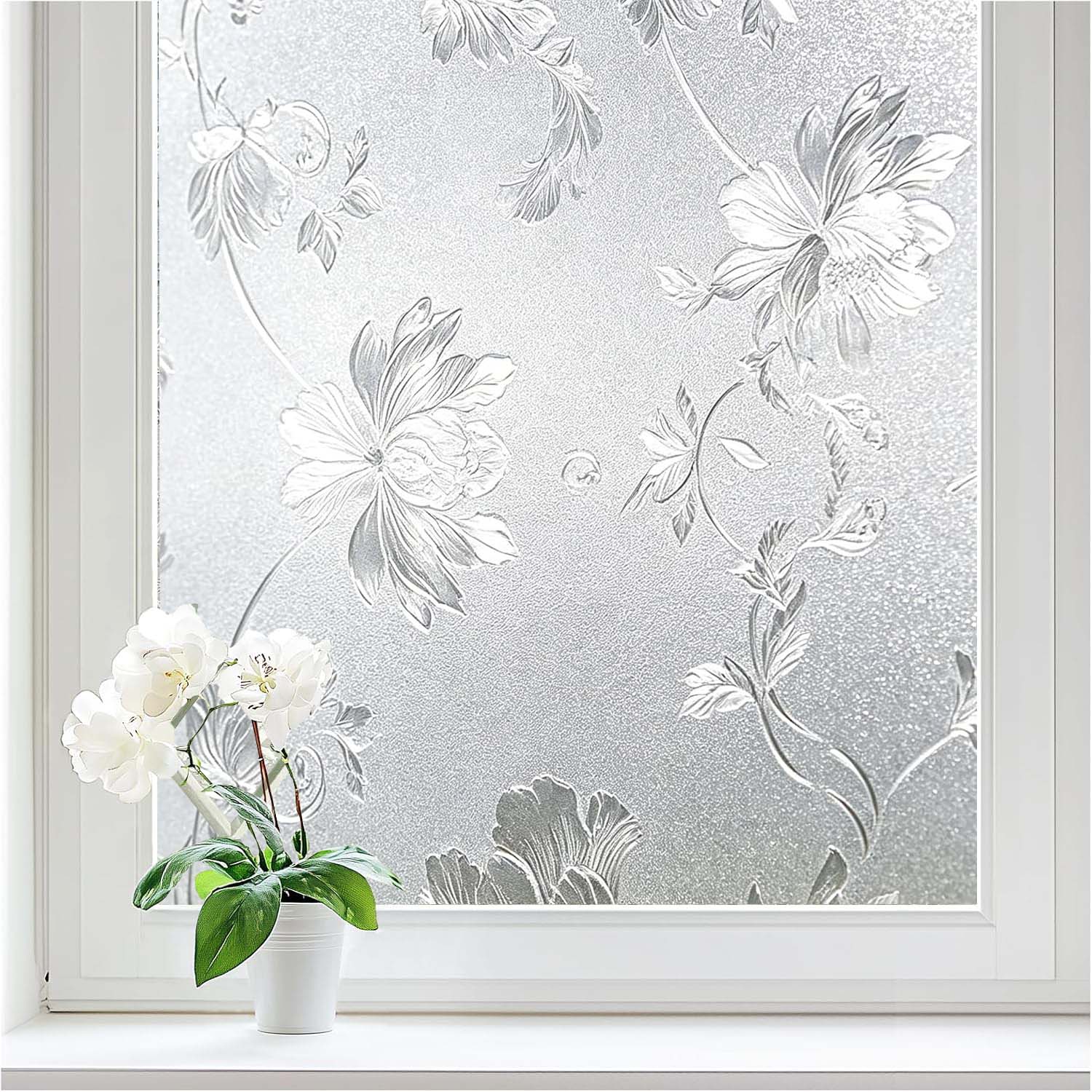 Home Bathroom Window Tint - Blumenmuster Milchglasfolie für Fenster, Statisch Haftende