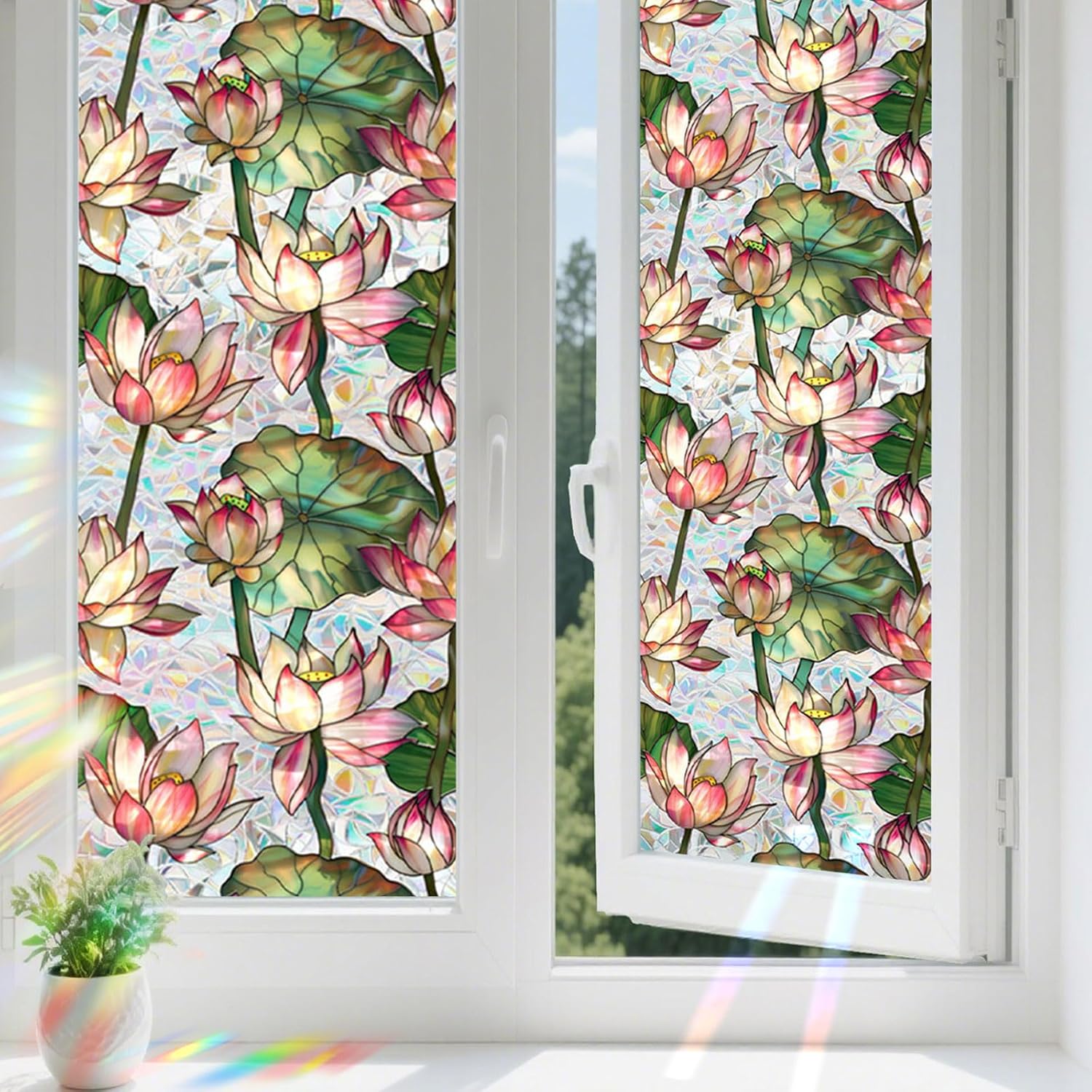 Home Bathroom Window Tint - Rainbow Lotus Buntglas-Fensterfolie, Sichtschutz-Glasaufkleber, UV-Schutz, Wärmeisolierung,