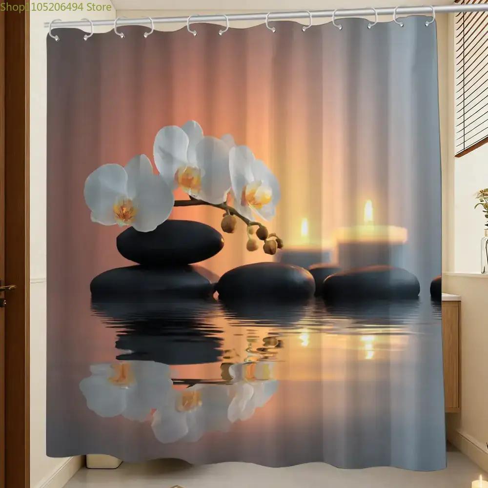 Home Bathroom Design Ideas - Duschvorhang mit Zen-Orchideen und Steinen, Spa-Entspannungsdesign,