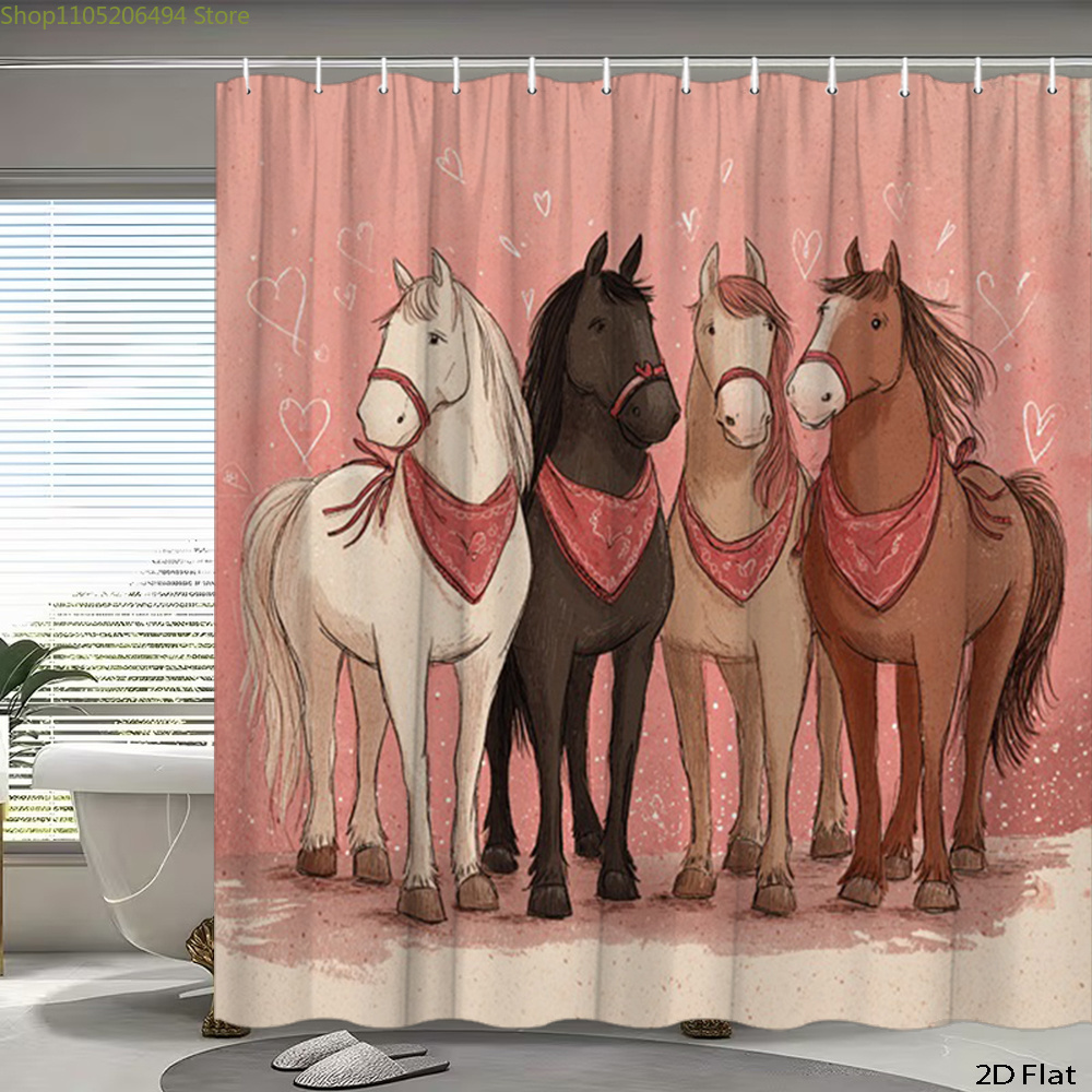 Home Bathroom Design Ideas - Niedlicher Duschvorhang mit Pferden, Cartoon-Tier-Design, wasserdichter